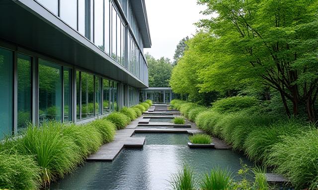 都市のビルに囲まれた緑豊かな中庭