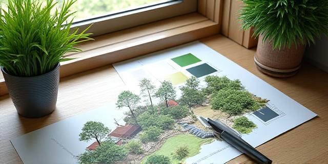 詳細な3D庭園設計図面と植物の配置