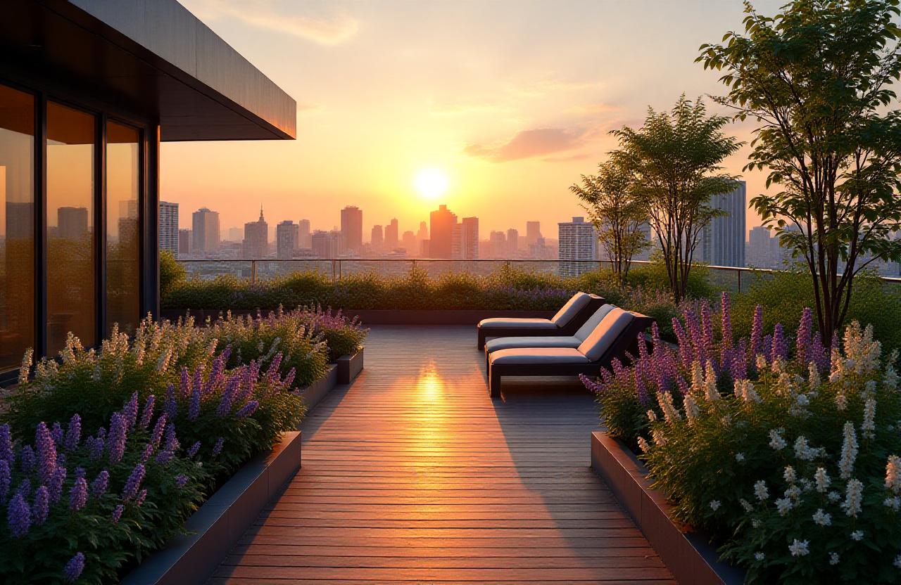 新宿のビル群を背景にしたモダンな空中庭園