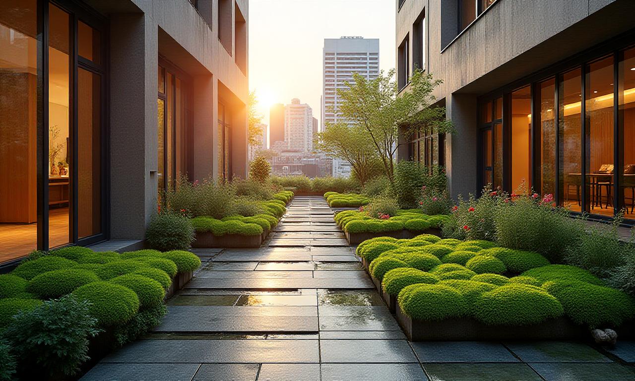 都会の洗練されたオーダーメイド庭園の全景